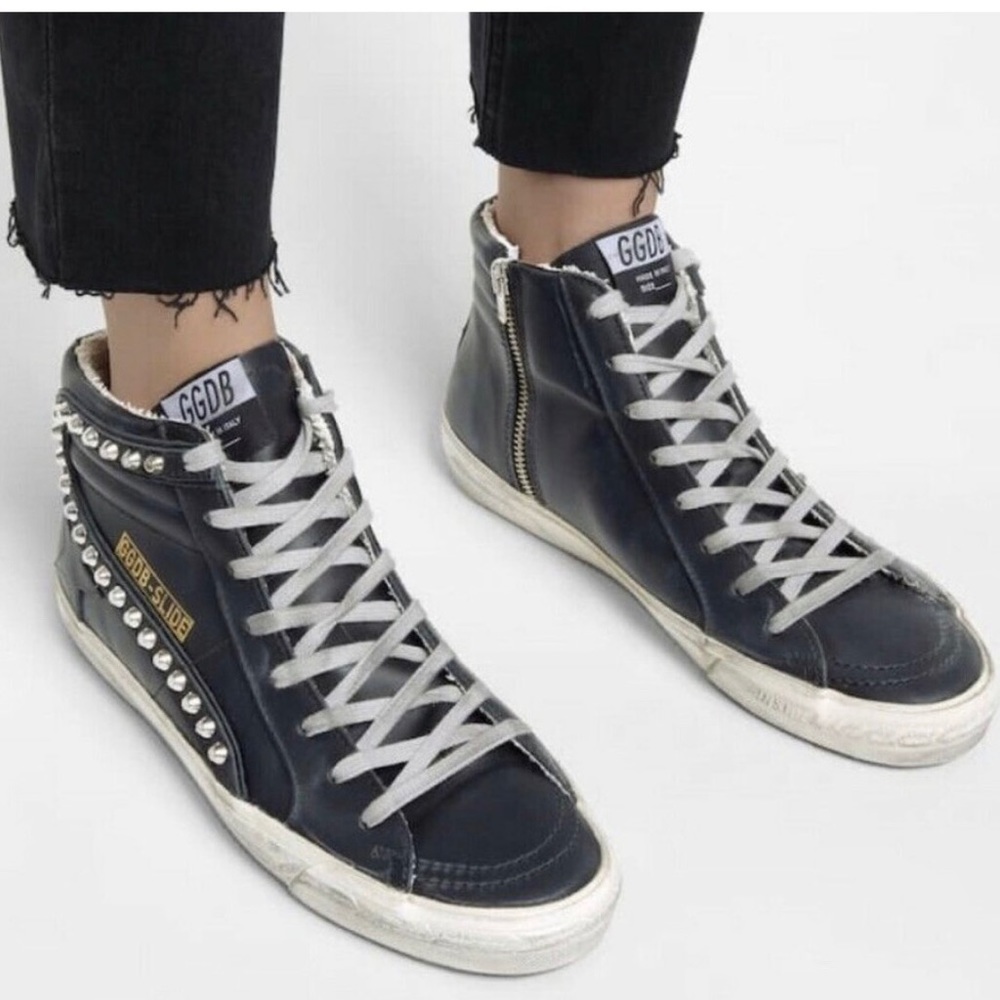 Authentic GOLDEN GOOSE SLIDE SLIDES High Top Sneakers BLACK & STUDS Size 40 10